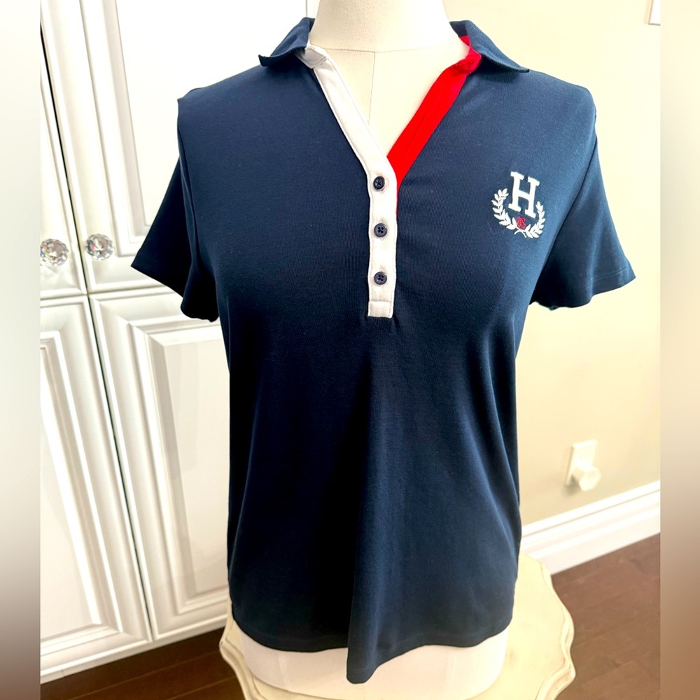 Tommy Hilfiger Womens Sz Large Navy Short Sleeve Polo Shirt V-Neck Embroidered H